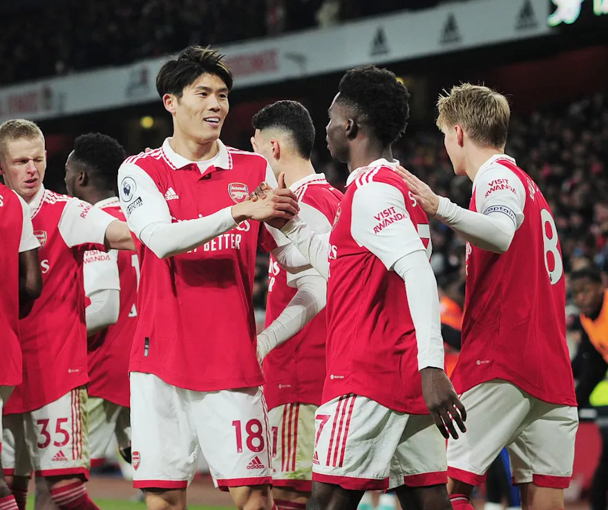 Bukayo Saka of Arsenal celebrates his goal with Takehiro Tomiyasu during the English championship Premier League football match between Arsenal and Manchester United at Emirates Stadium in London, England. Photo by Andrew Cowie/Colorsport/DPPI via AFP.