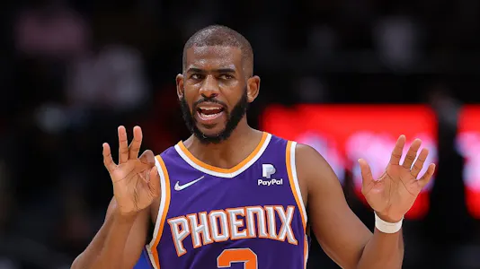 Chris Paul of the Phoenix Suns reacts against the Atlanta Hawks at State Farm Arena in Atlanta, Georgia. 