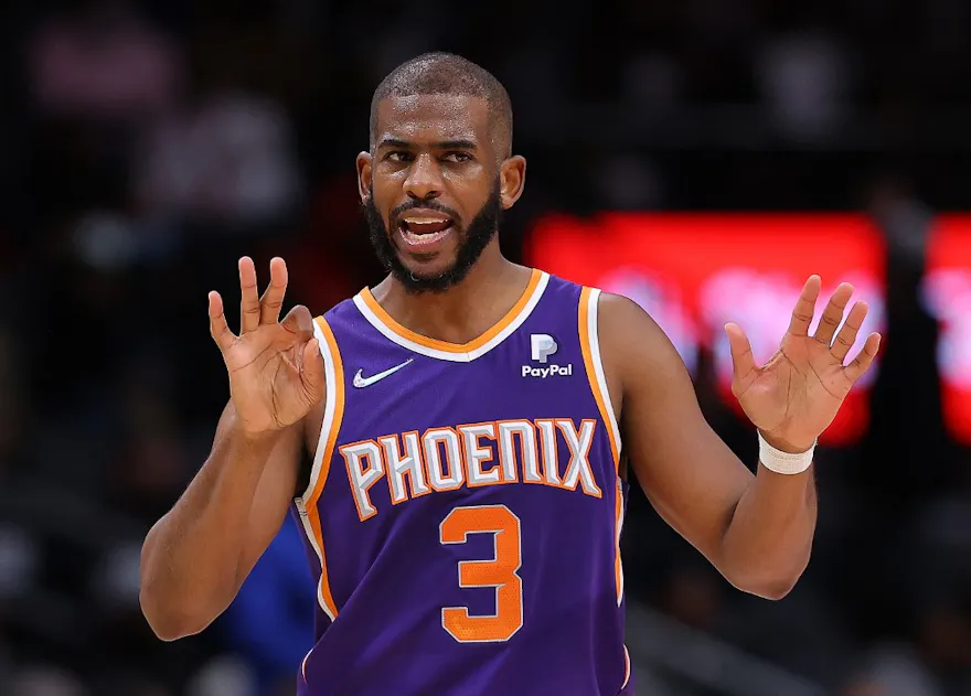 Chris Paul of the Phoenix Suns reacts against the Atlanta Hawks at State Farm Arena in Atlanta, Georgia. 