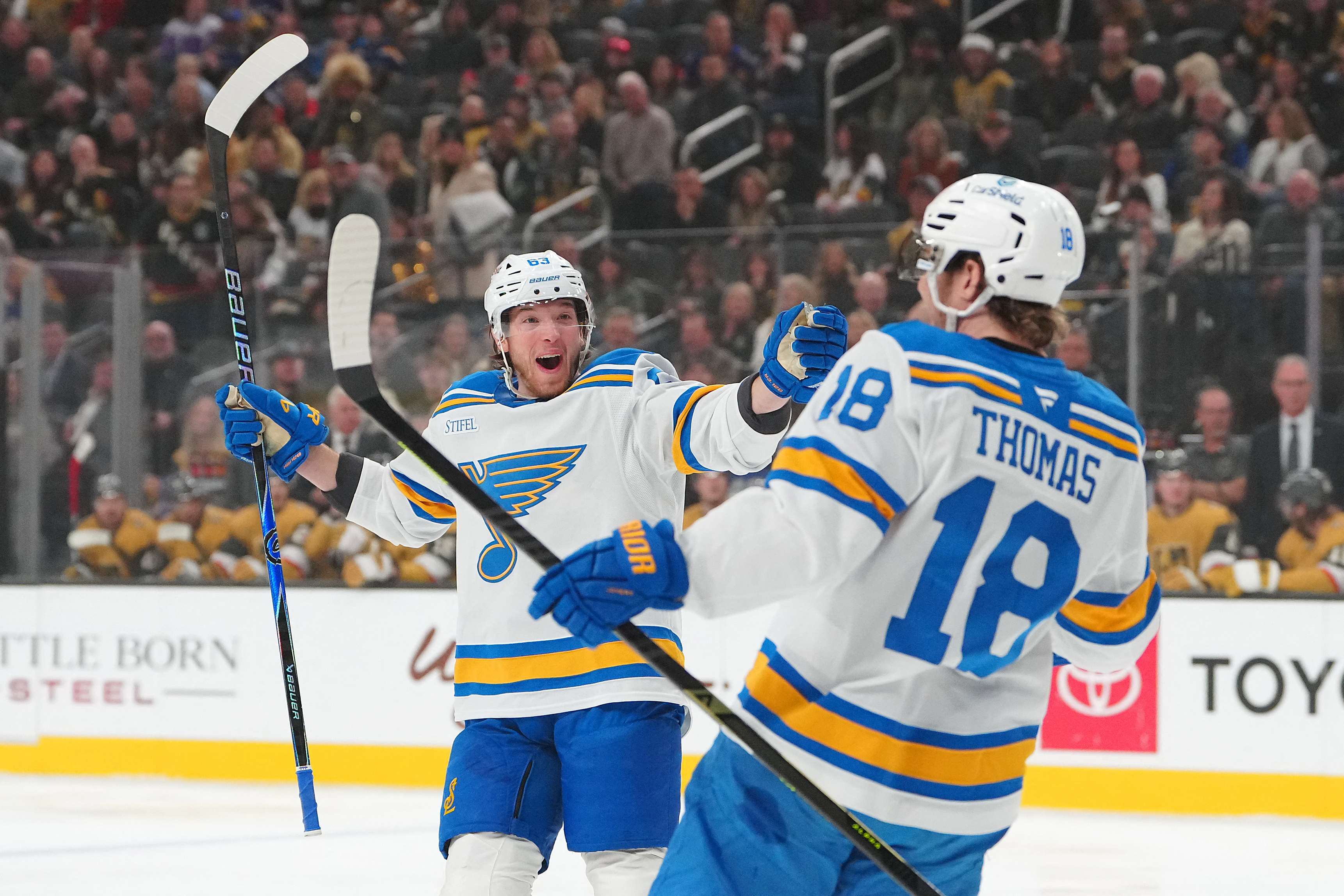 St. Louis Blues left wing Jake Neighbours celebrates a goal as we look at the Xpoint entry into Missouri sports betting