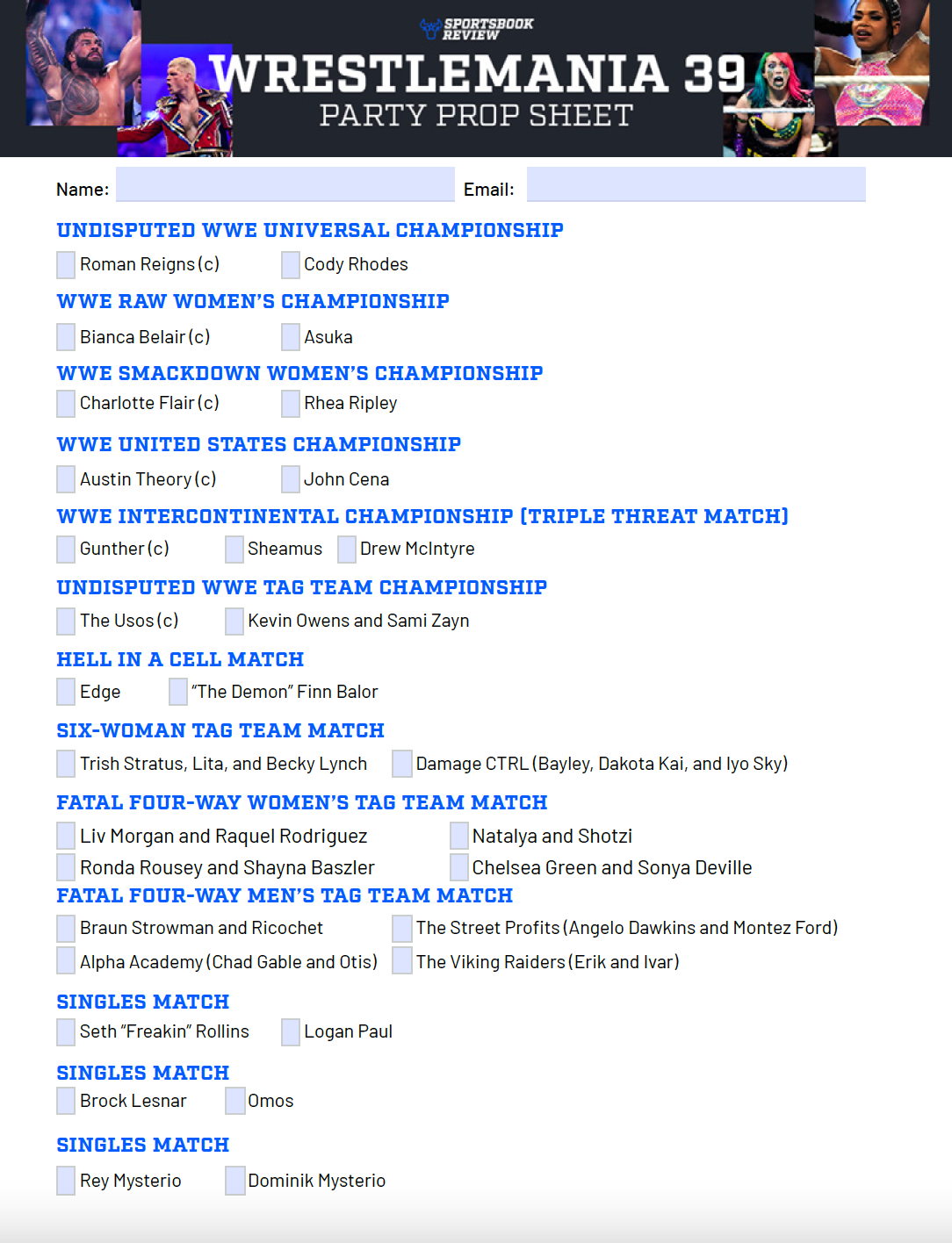 Wrestlemania 39 Prop Sheet 2023: Printable PDF Props List for Fun Party Game