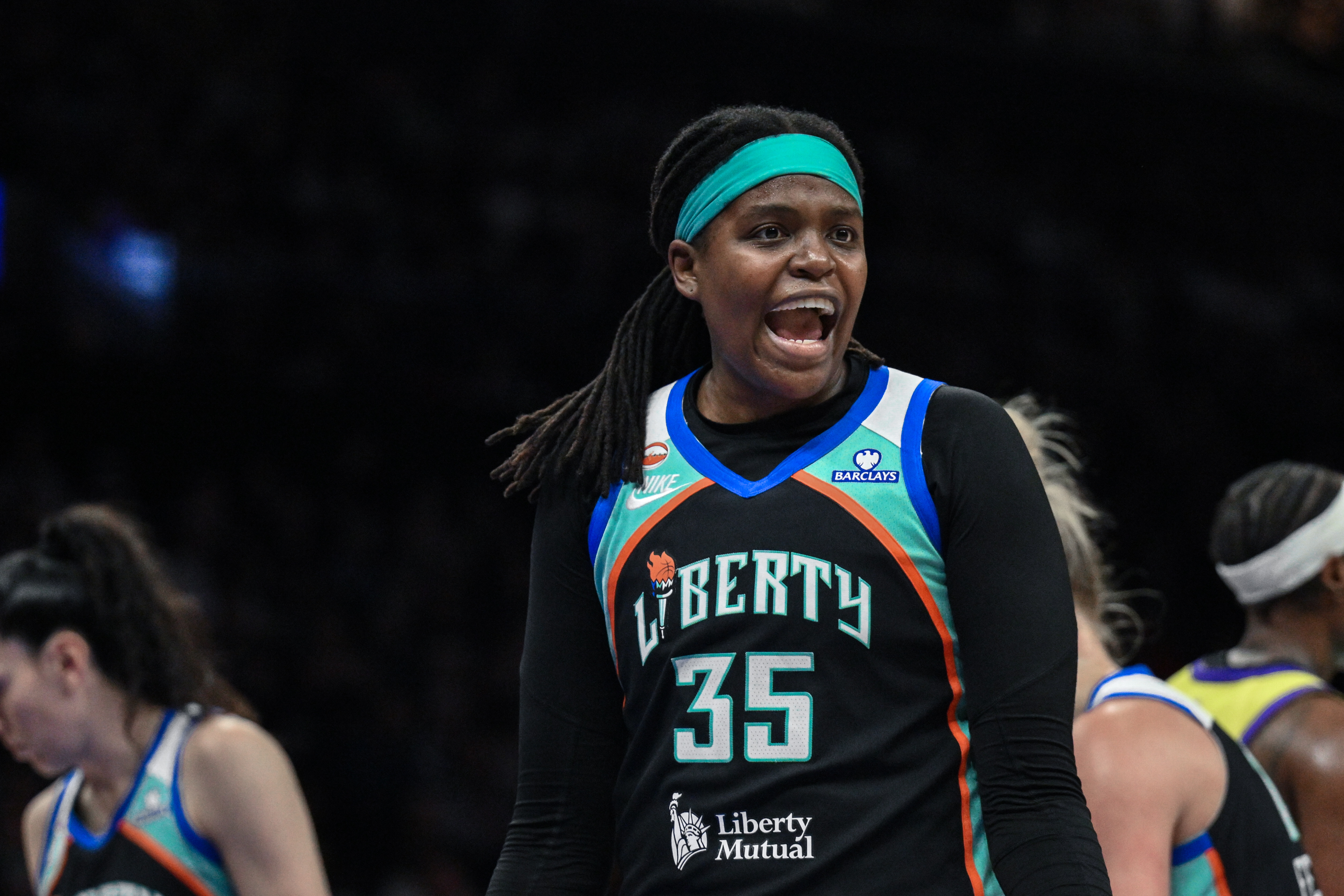 New York Liberty center Jonquel Jones (35), seen here reacting to a call during a game, is featured in our Mystics vs. Liberty prediction.