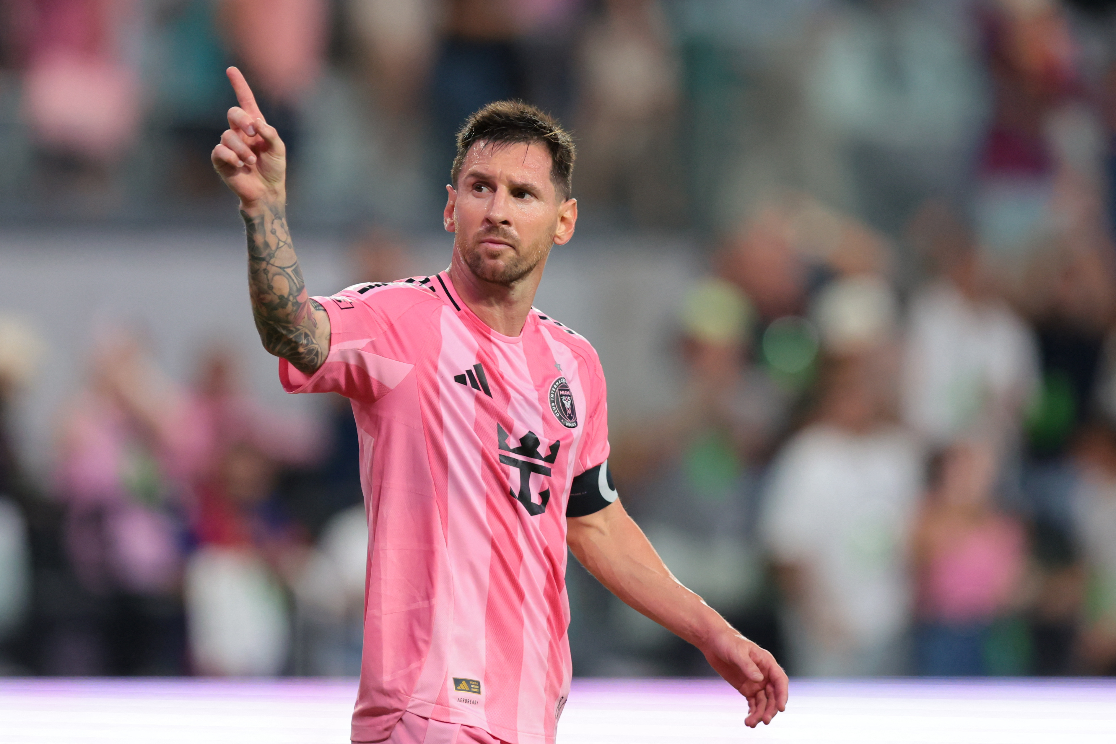 Inter Miami CF forward Lionel Messi (10), seen here reacting during a game, is featured in our Inter Miami vs. Philadelphia Union prediction and odds.