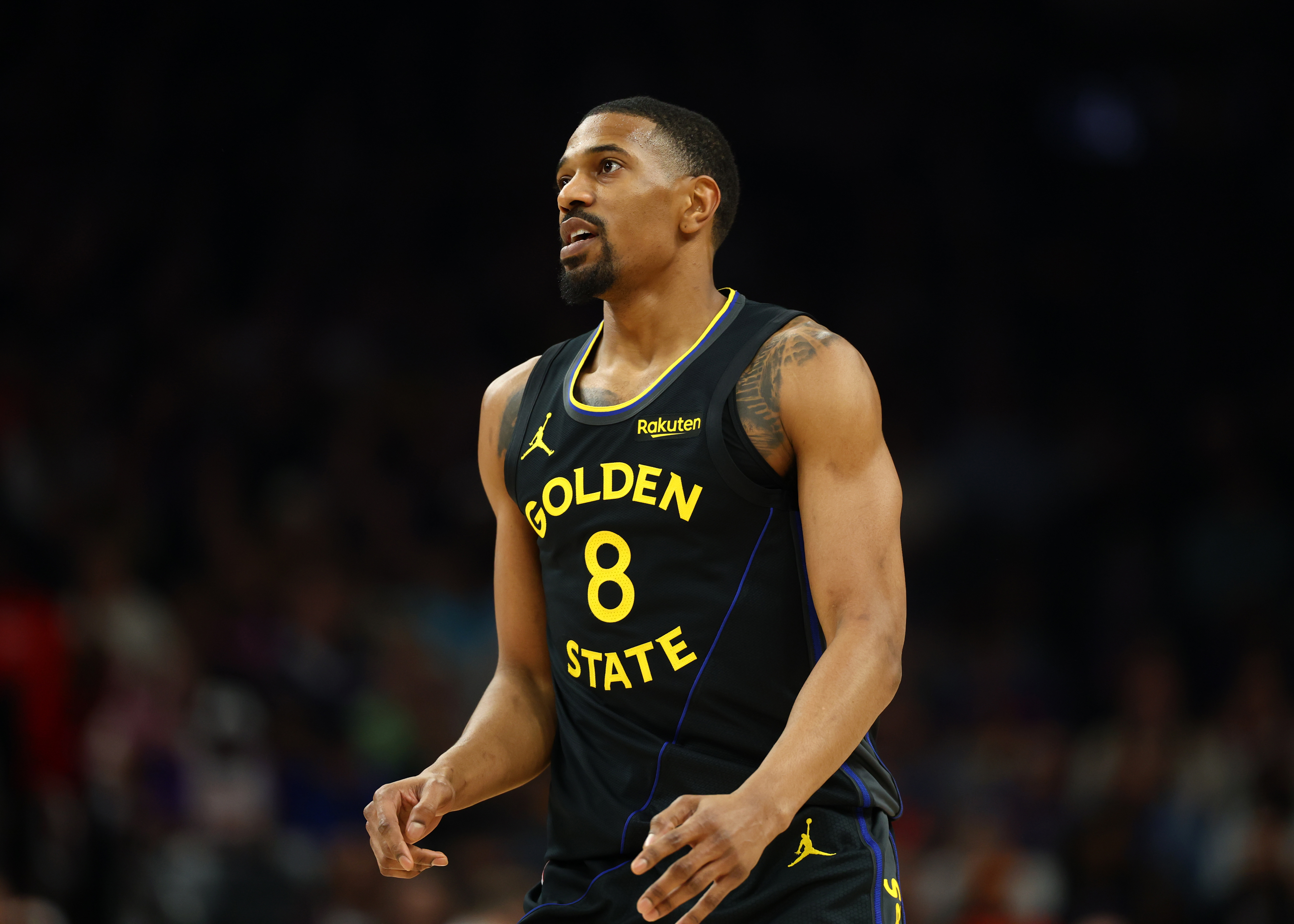 Golden State Warriors guard De'Anthony Melton (8), seen here looking on during a game, is featured in our Clippers vs. Warriors player props today.