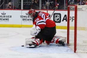 New Jersey Devils goaltender Jacob Markstrom makes a save as we look at a Hard Rock Bet jackpot won in New Jersey.