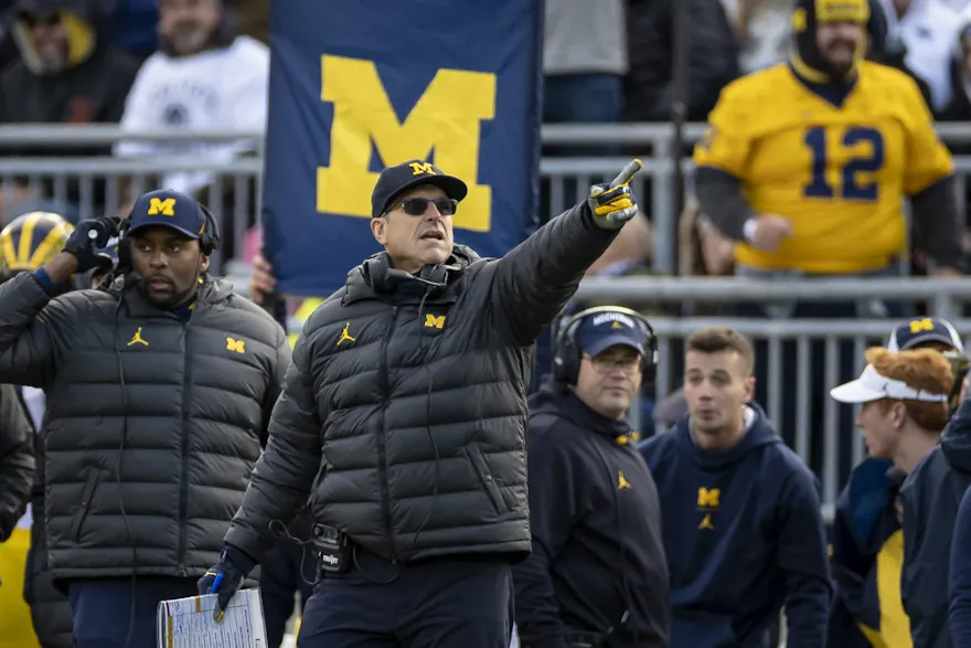 Head coach Jim Harbaugh of the Michigan Wolverines reacts to a play against the Penn State Nittany Lions during the second half at Beaver Stadium.