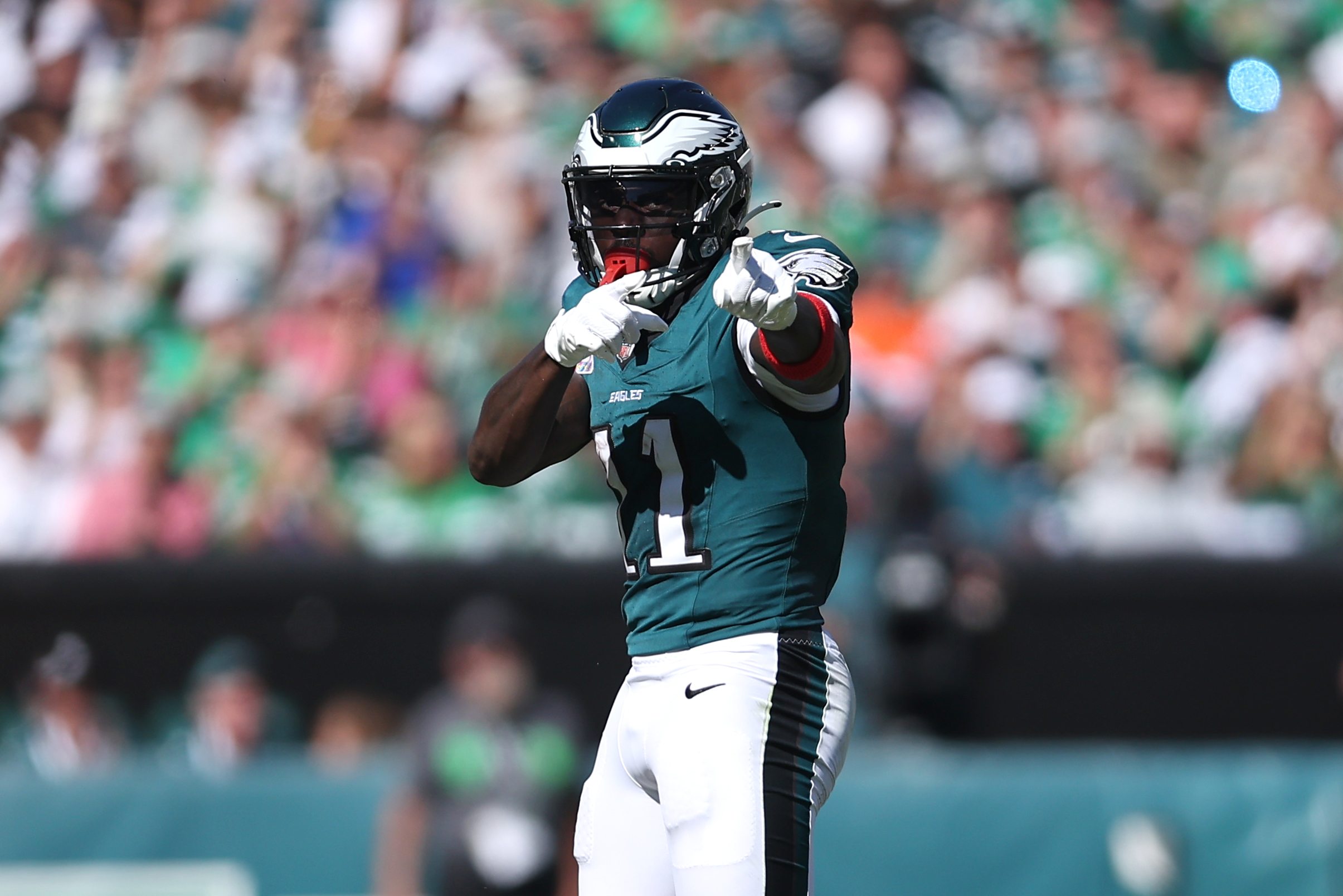 Philadelphia Eagles wide receiver A.J. Brown reacts after a catch as we look at prediction markets for Browns next team.
