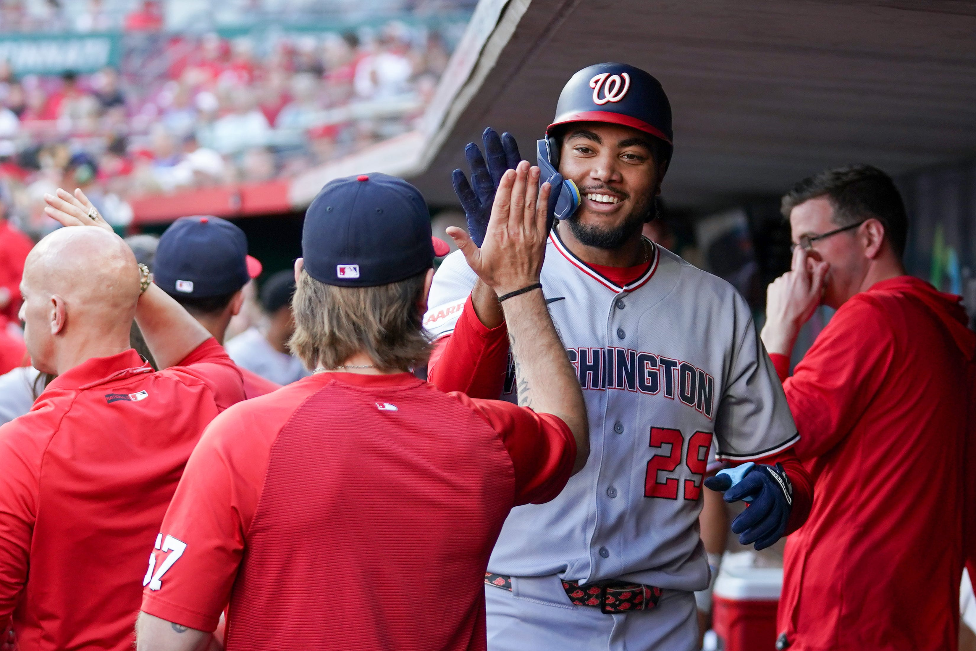 James Wood - who is featured in my home run predictions today - is embraced by teammates. 