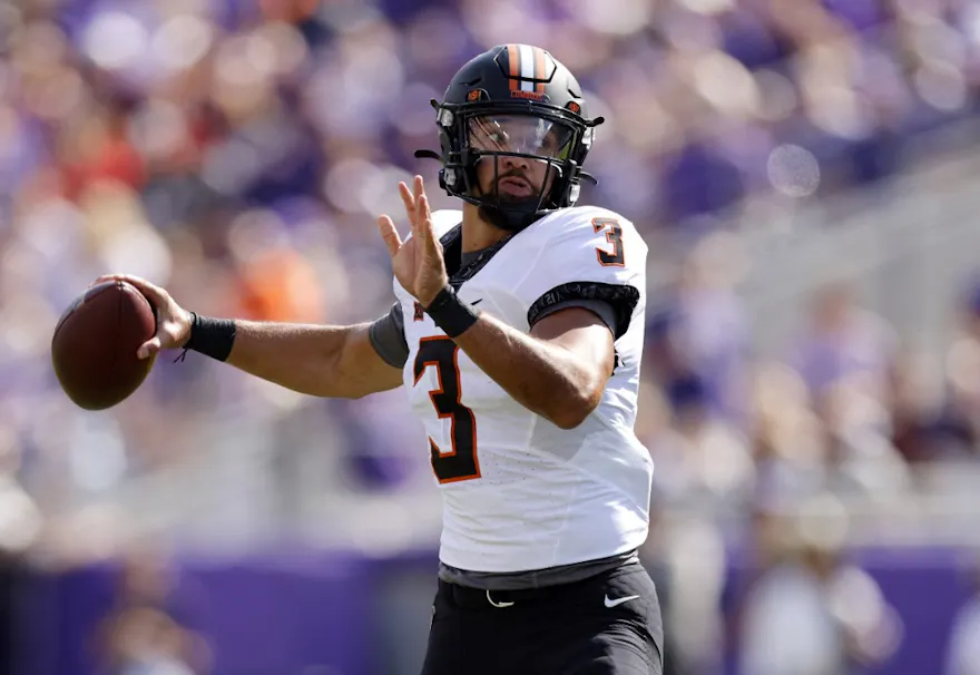 Spencer Sanders of the Oklahoma State Cowboys throws against the TCU Horned Frogs at Amon G. Carter Stadium on Oct. 15, 2022 in Fort Worth, Texas. 