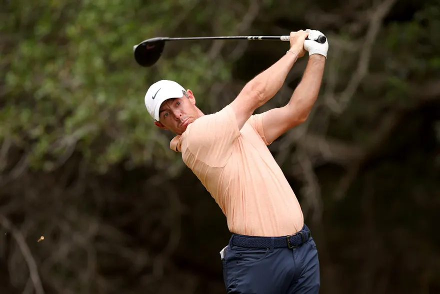 Rory McIlroy of Northern Ireland plays his tee shot on the 14th hole as we look at our 2024 Masters power rankings.