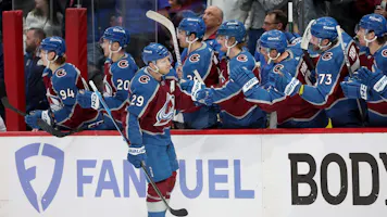 Nathan MacKinnon celebrates with his teammates after scoring against the Winnipeg Jets as we offer our best prop picks for Game 1 of the second-round matchup between the Colorado Avalanche and Dallas Stars.