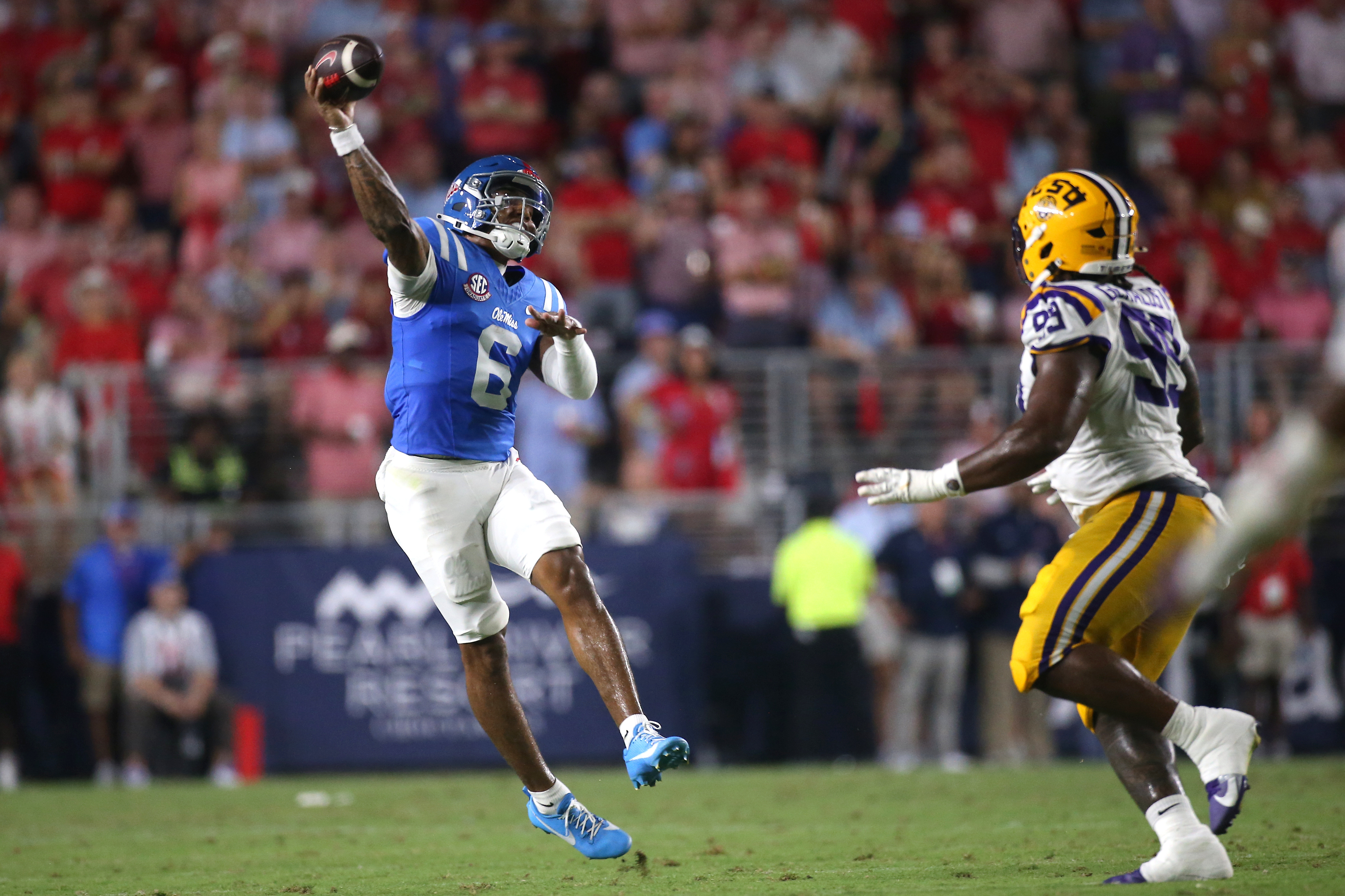 Pictured: Ole Miss QB Trinidad Chambliss in action as we break down our Ole Miss vs. Florida Prediction. Photo by Petre Thomas-Imagn Images.