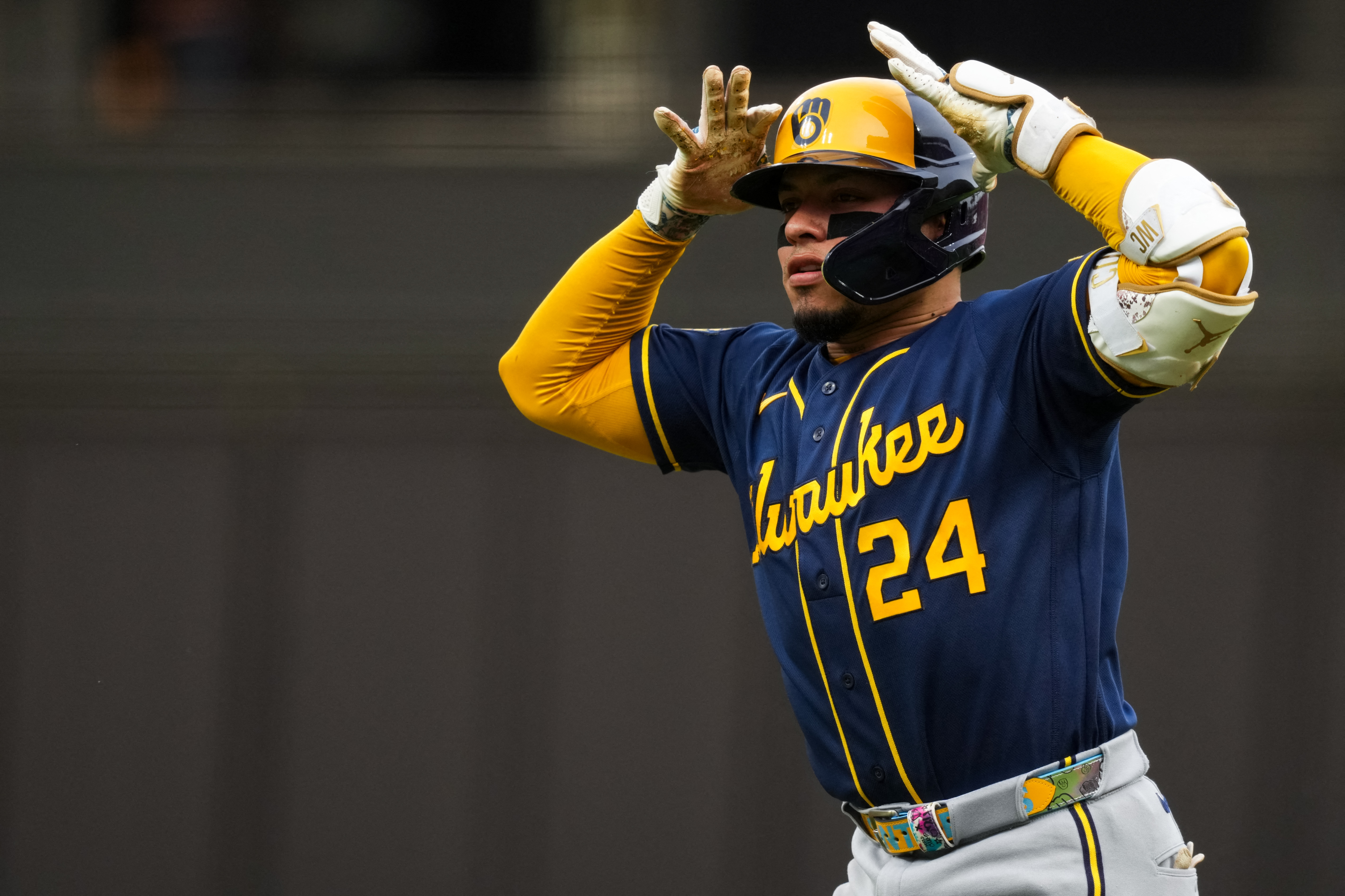 Milwaukee Brewers catcher William Contreras - who's featured in my Cubs vs. Brewers prediction - celebrates hitting a two-run home run.