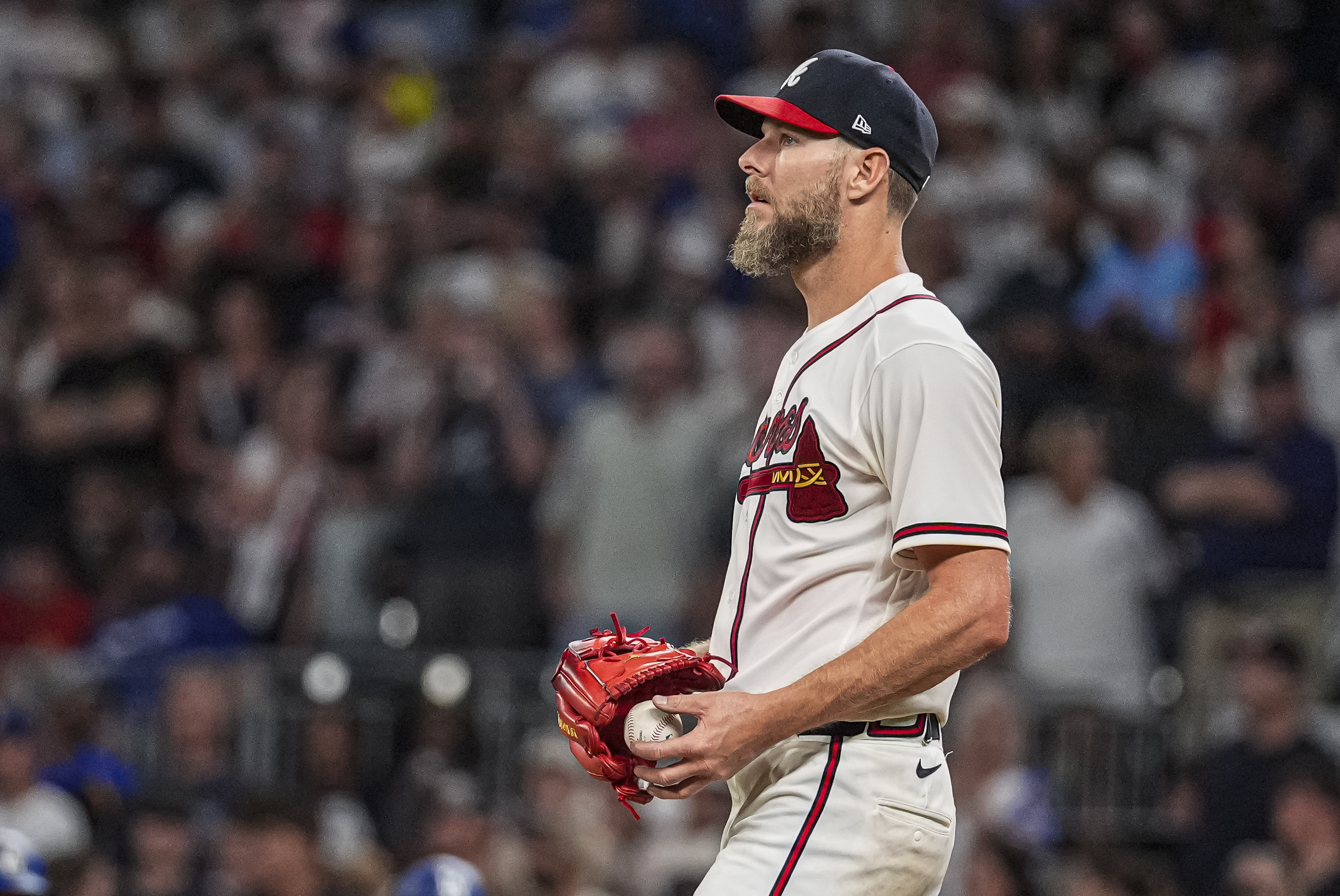Atlanta Braves pitcher Chris Sale (51) reacts as we break down our Braves vs. Phillies win probability.