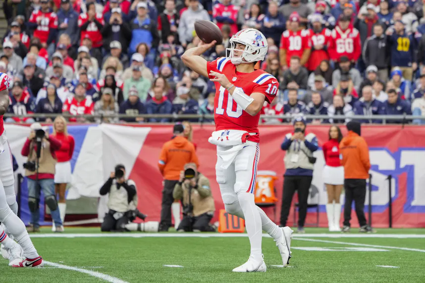 New England Patriots quarterback Drake Maye throws the ball as we look at our Drake Maye player prop bets for Week 7