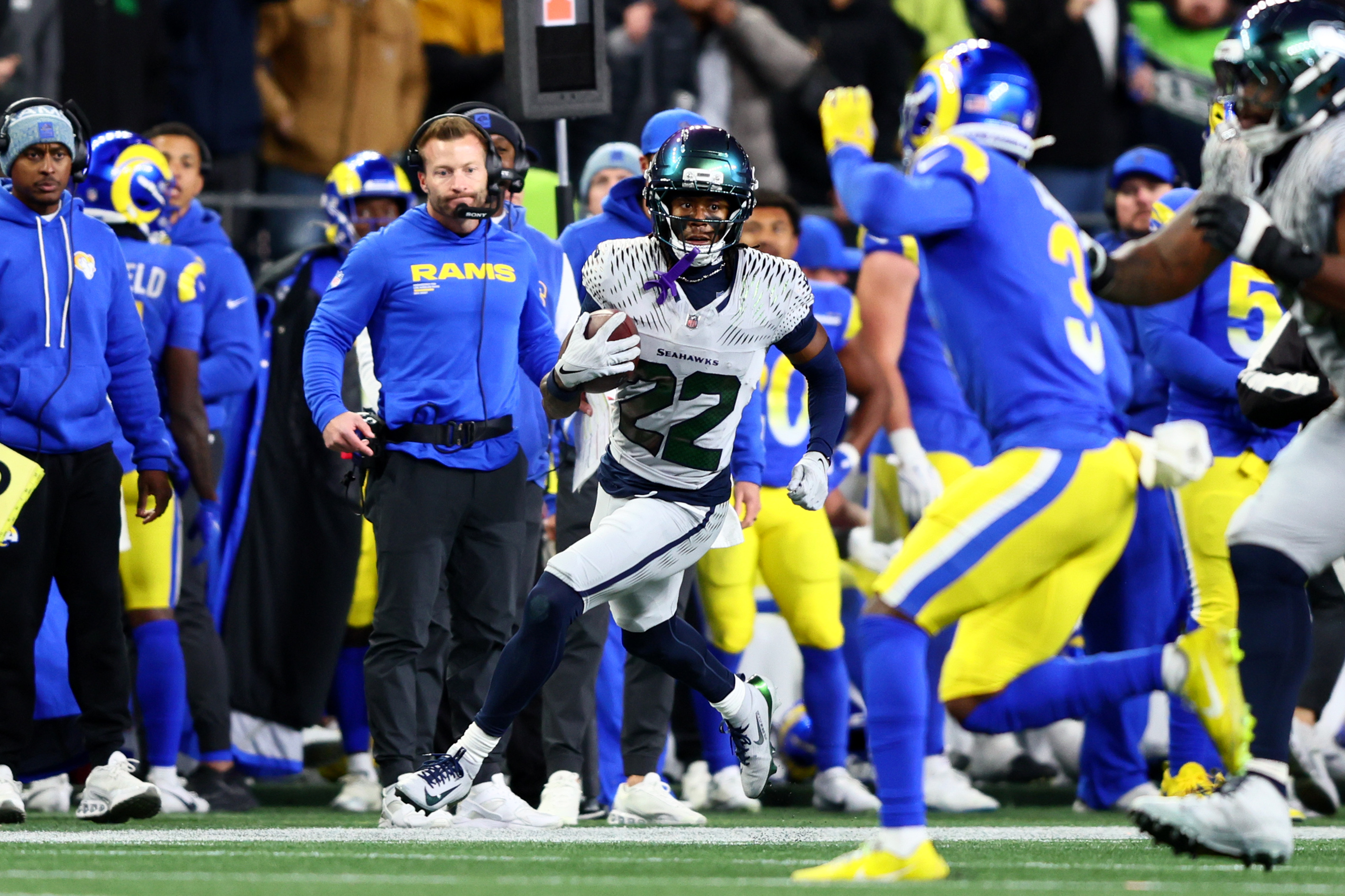 Seattle Seahawks wide receiver Rashid Shaheed (22) runs as we look at our Super Bowl anytime touchdown scorer predictions