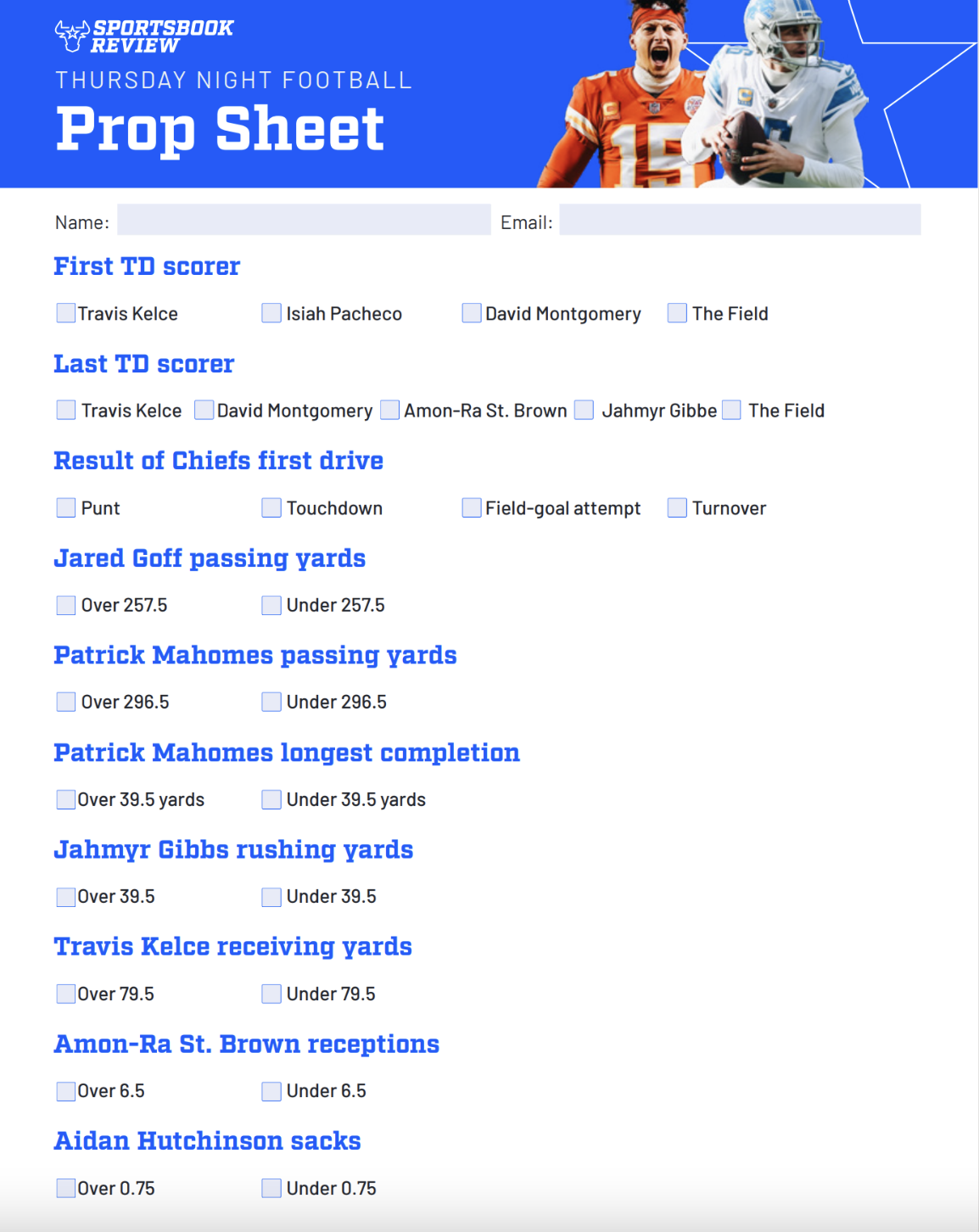 Thursday Night Football Prop Bet Sheet PDF 2023 - Free Printable Props List  for Lions vs. Chiefs