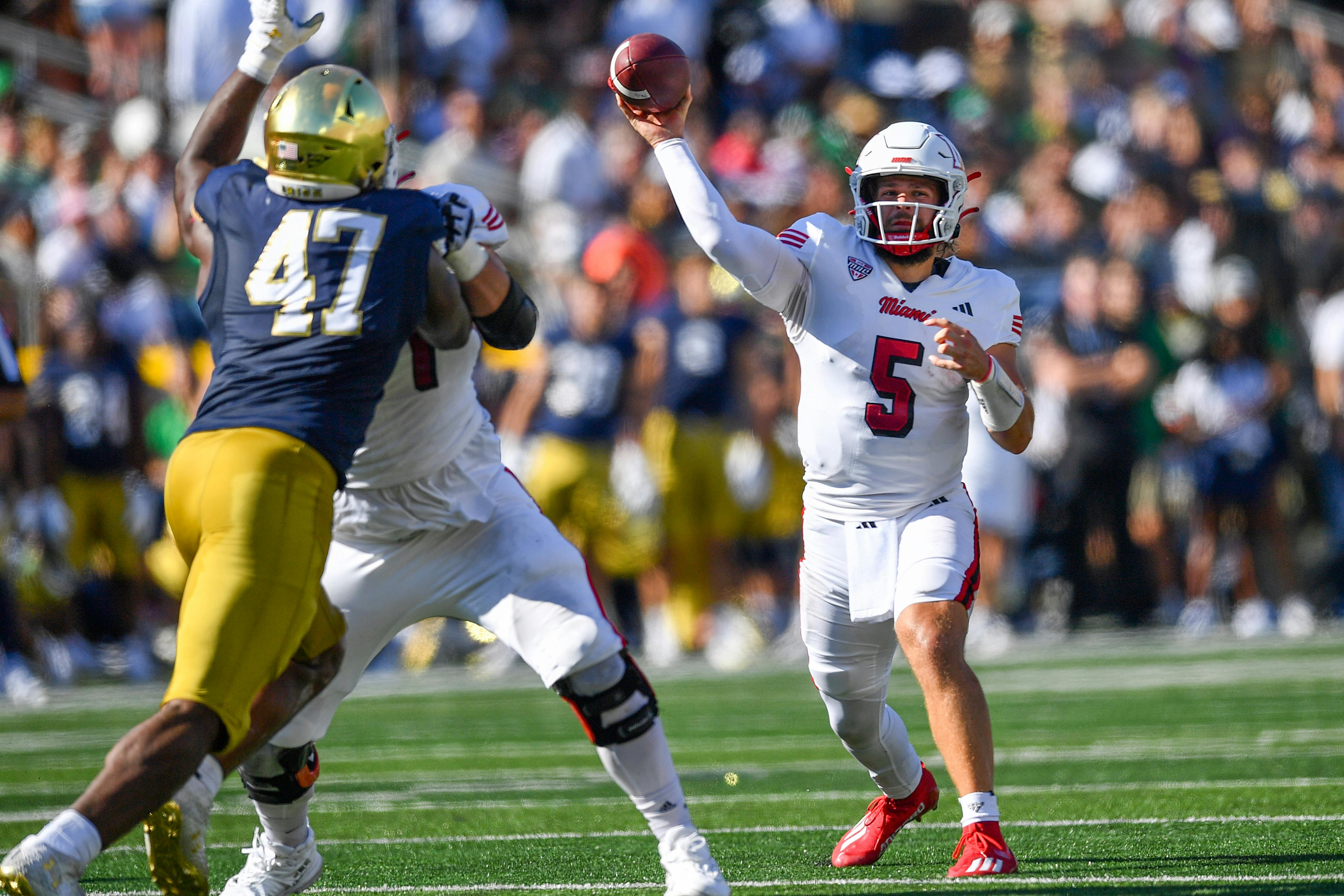 Miami (Ohio) quarterback Brett Gabbert throws against Notre Dame. The RedHawks opened the season as the MAC Championship odds favorite.