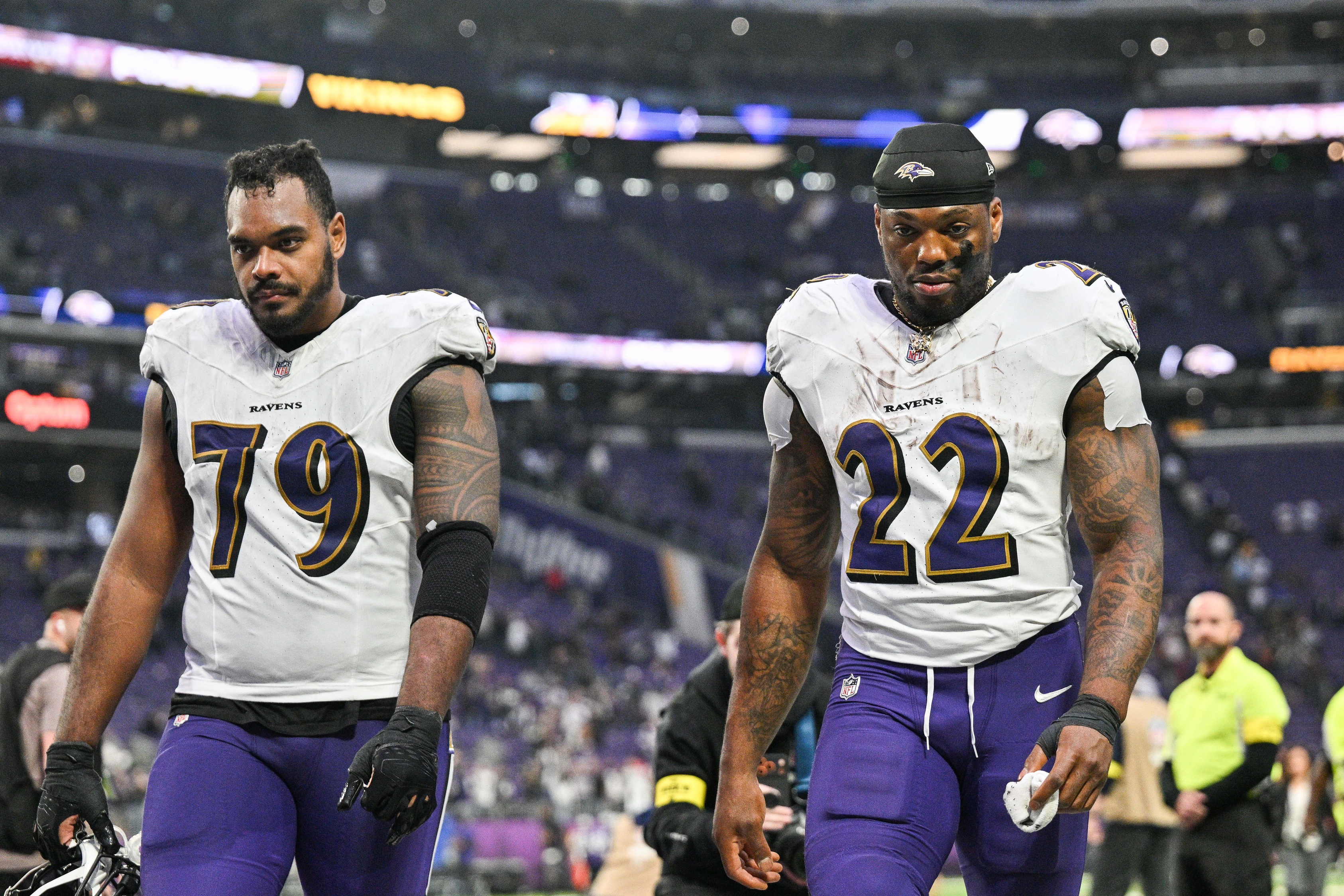 Baltimore Ravens running back Derrick Henry and offensive tackle Ronnie Stanley come off the field as we make our best Patriots vs. Ravens player props.