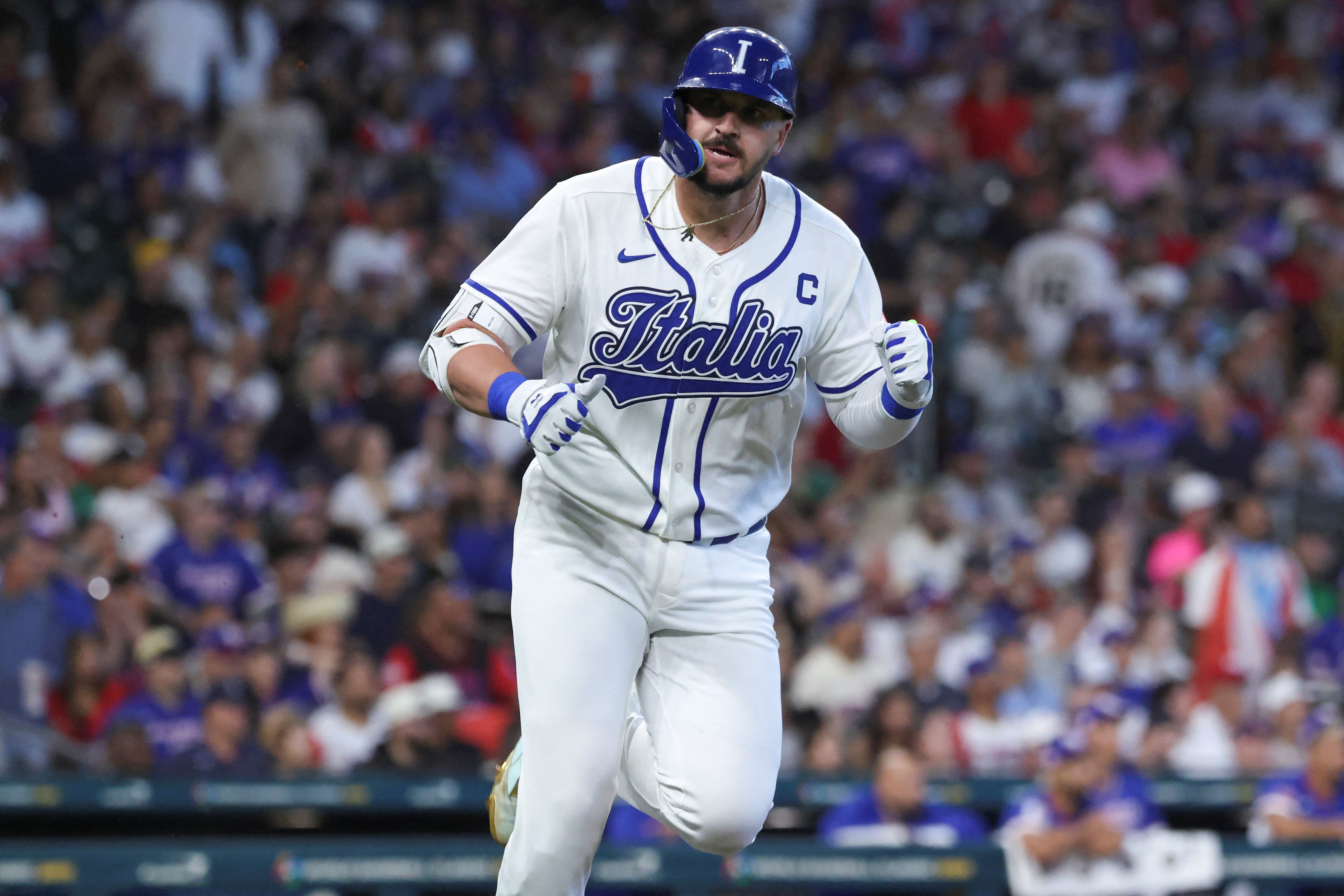 Italy first baseman Vinnie Pasquantino celebrates, and he's key as we make our Italy vs. Venezuela predictions.