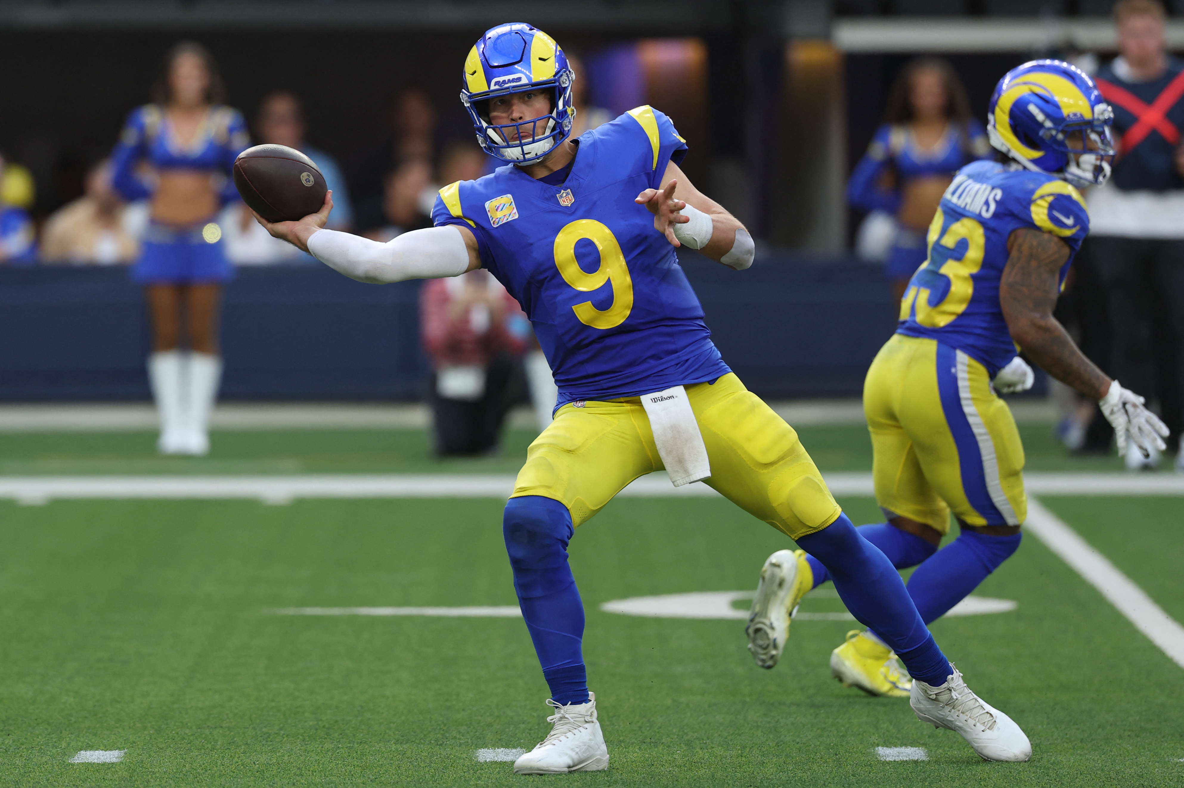 Pictured: Matthew Stafford throwing a pass as we break down our Rams vs. Raiders Prediction. Photo by Kiyoshi Mio-Imagn Images.