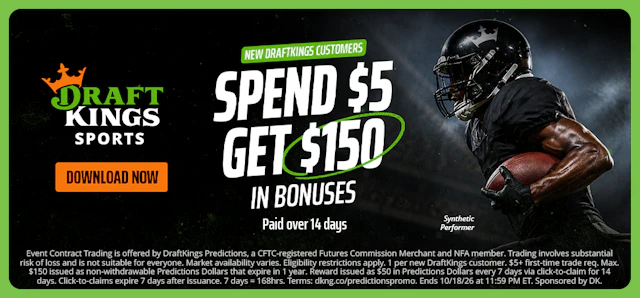 DraftKings Sportsbook 'spend $5, get $150 in bonuses' promo.