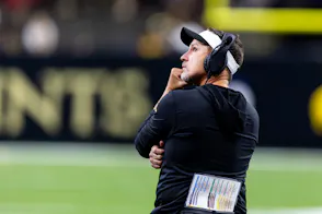 New Orleans Saints head coach Dennis Allen looks at the video boards as we look at the details of Louisiana banning Bovada.