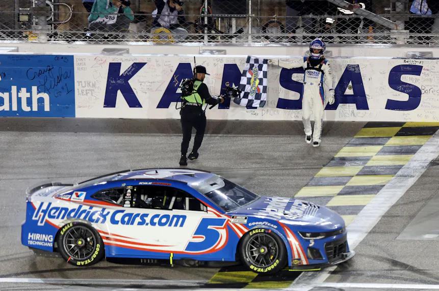 NASCAR Cup Series driver Kyle Larson (5) wins the Advent Health 400 at Kansas Speedway as we offer our 2024 Hollywood Casino 400 predictions, expert picks, and NASCAR odds for today's race at Kansas Speedway.