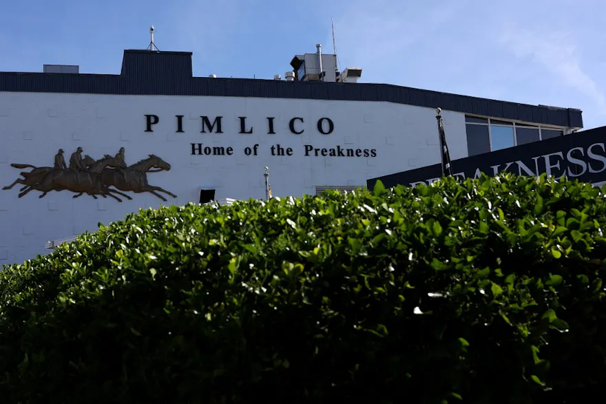 A general view of the entrance at Pimlico Race Course as we look at the Preakness Stakes post positions