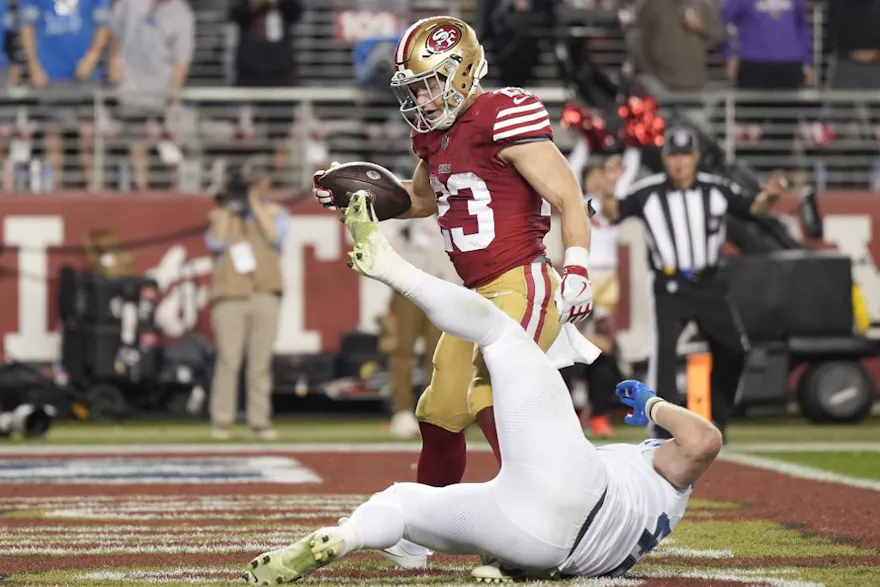 Christian McCaffrey #23 of the San Francisco 49ers runs the ball for a touchdown as we look at our best first touchdown scorer prop bets for Super Bowl 2024