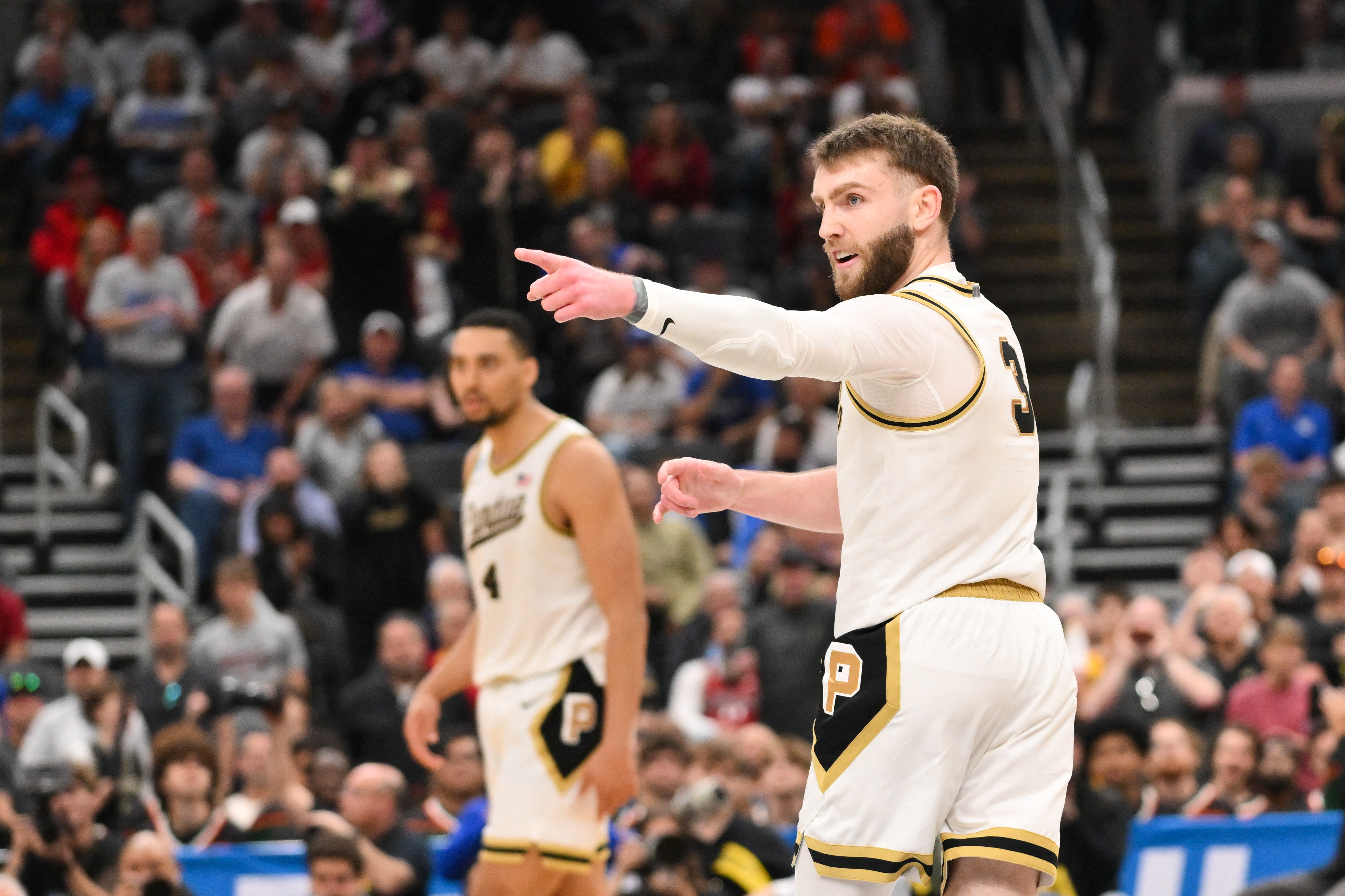 Purdue Boilermakers guard Braden Smith (3) celebrates as we break down our Texas vs Purdue player props.