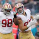 Nick Bosa of the San Francisco 49ers celebrates a sack with Javon Hargrave of the San Francisco 49ers during the third quarter against the Jacksonville Jaguars as we look at our Super Bowl 2024 parlay.