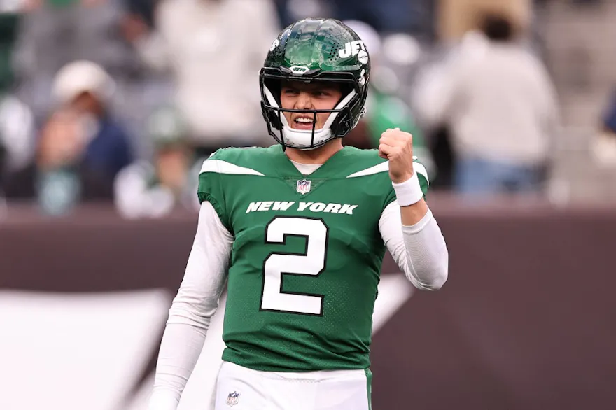 Zach Wilson of the New York Jets reacts during the first half in the game against the Philadelphia Eagles as we look at our Chargers-Jets SGP picks.