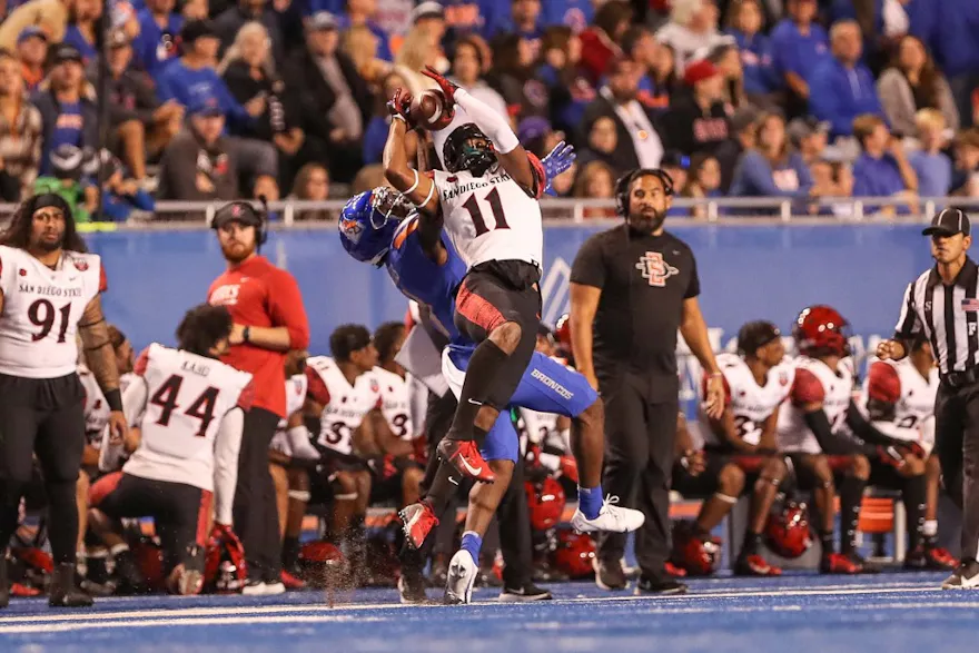 Brionne Penny of the San Diego State Aztecs rises up to catch a pass against Boise State.