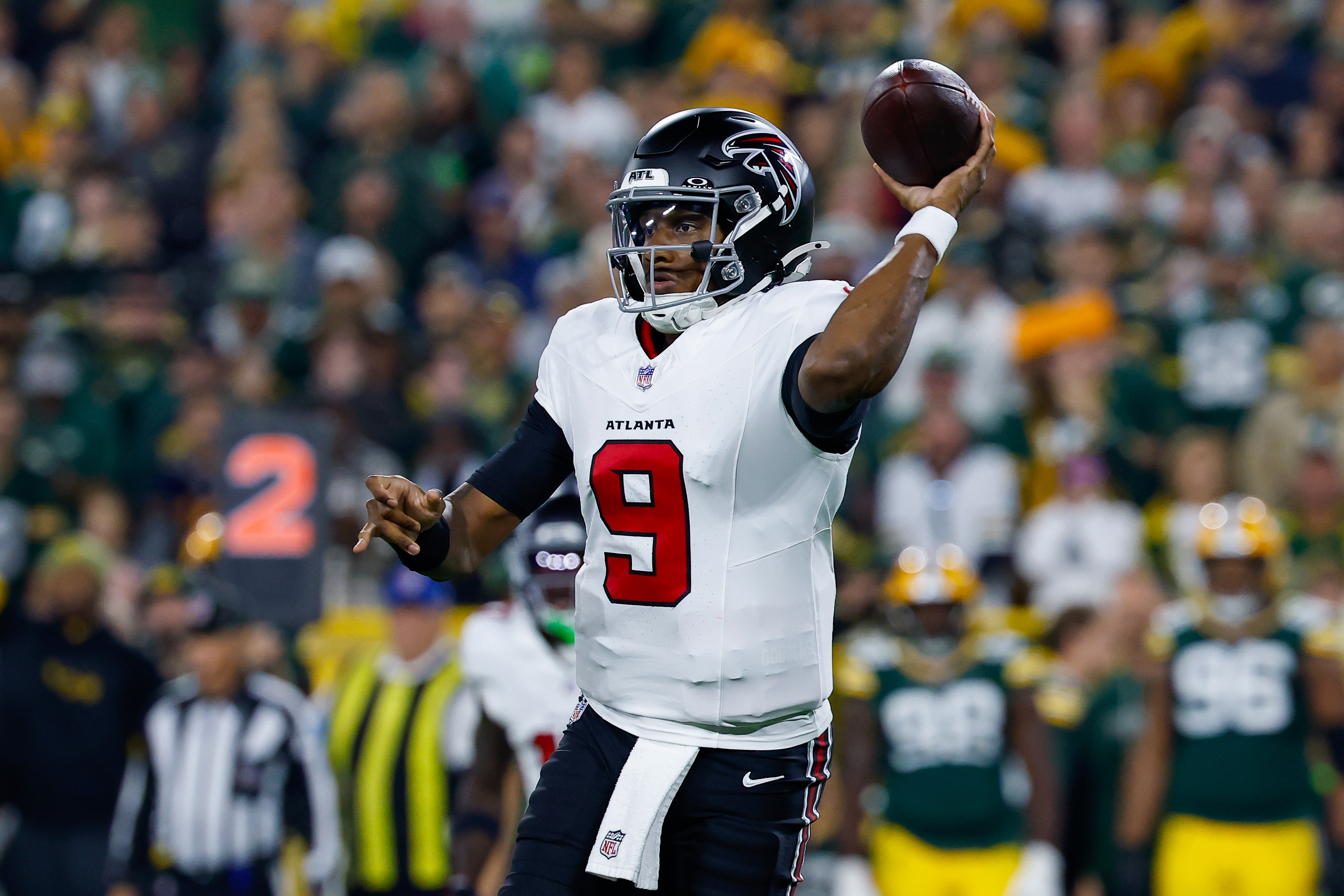 Falcons quarterback Michael Penix Jr. (9) passes the ball as we break down our Ravens vs. Falcons prediction.