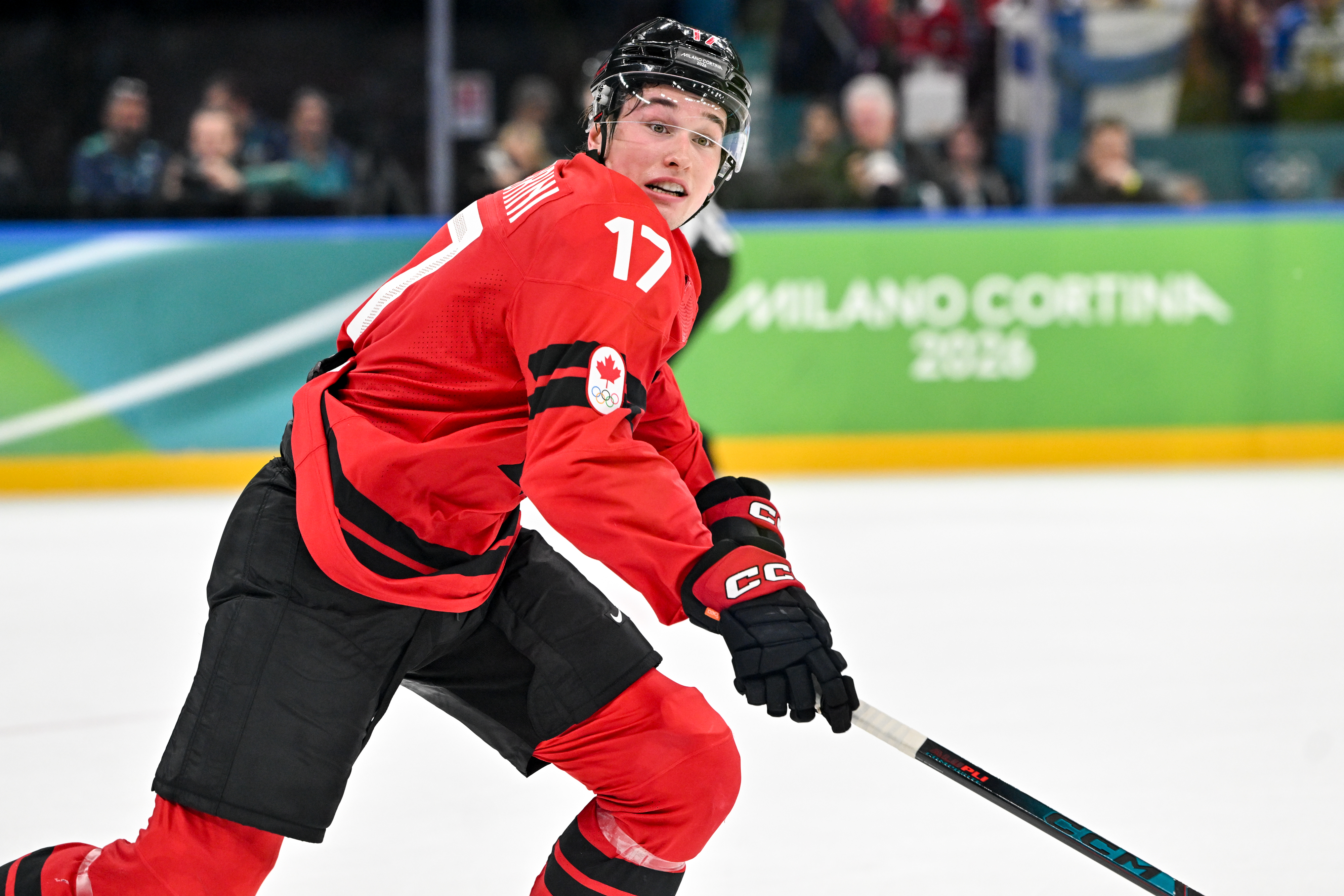 Macklin Celebrini in action as we offer our Canada vs. USA goal-scorer picks for Sunday's Olympic hockey gold medal game.