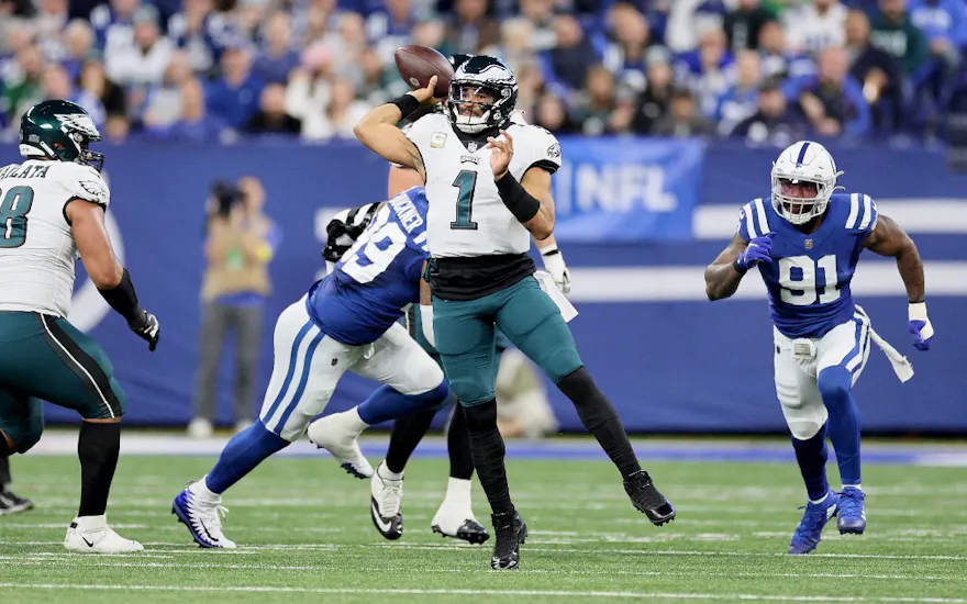 Jalen Hurts of the Philadelphia Eagles against the Indianapolis Colts at Lucas Oil Stadium on November 20, 2022 in Indianapolis, Indiana.