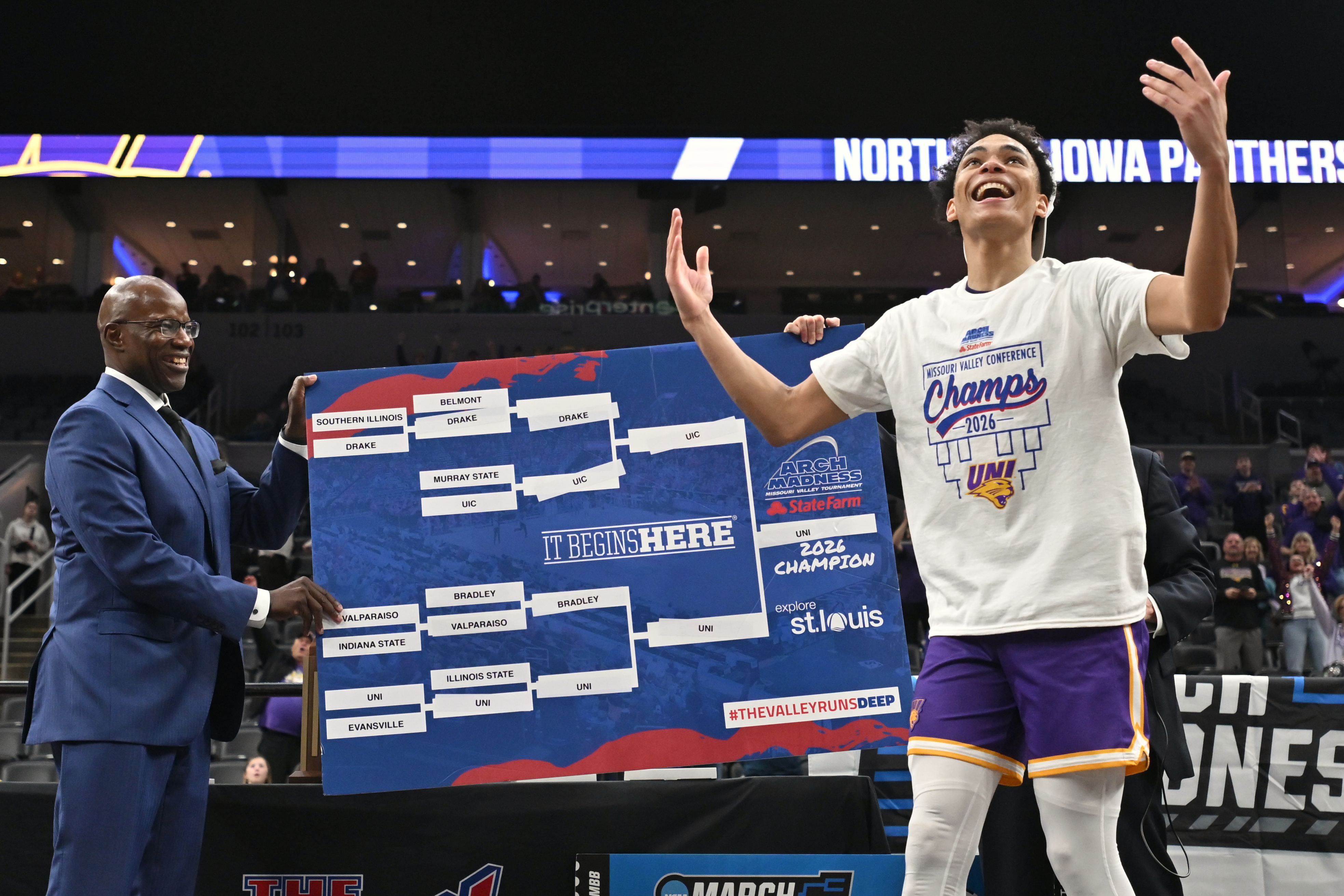 Northern Iowa guard Trey Campbell (4) reacts after being handed the winning conference bracket as we look at the details around the Kalshi Billion Dollar Bracket