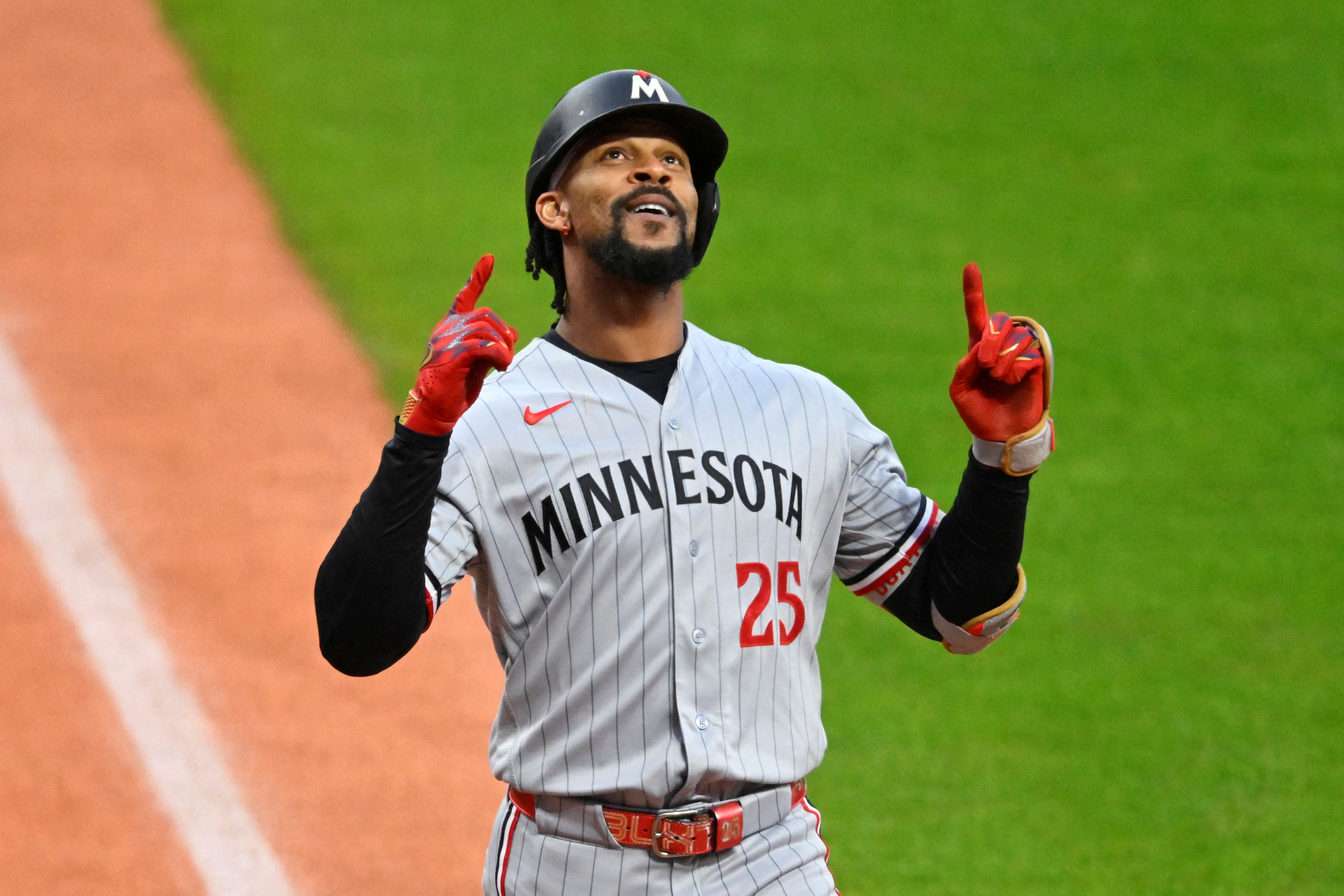 Minnesota Twins center fielder Byron Buxton celebrates, and he's featured as we look at the Twins vs. Red Sox win probability.