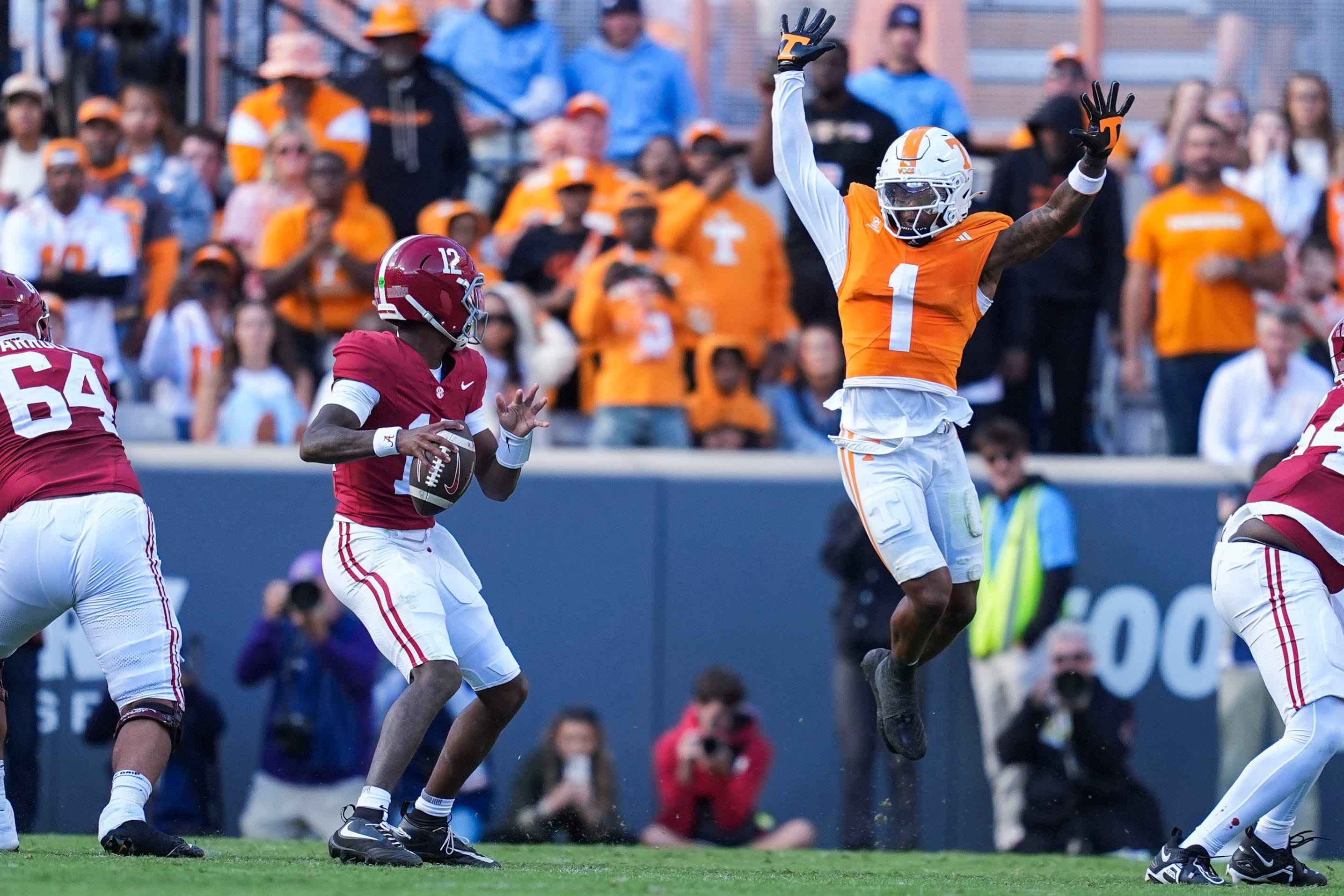 Pictured: Keelon Russell throwing a pass as we break down our Texas A&M vs. Alabama Prediction. Photo by USA TODAY Network via Reuters Connect.