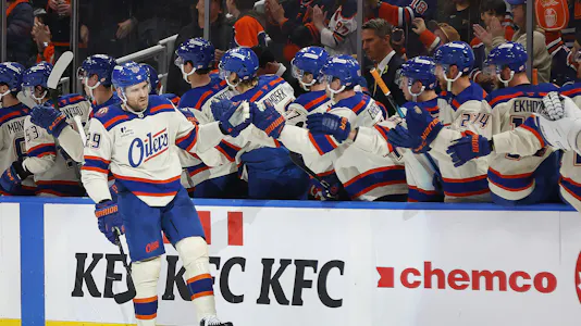 Leon Draisaitl celebrates a goal against the Utah Mammoth as we offer our NHL player props today