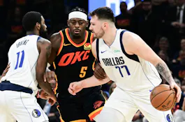 Luka Doncic of the Dallas Mavericks moves against Luguentz Dort of the Oklahoma City Thunder during Game 5 of the NBA playoffs. We're backing Doncic in our Thunder vs. Mavericks Player Props.