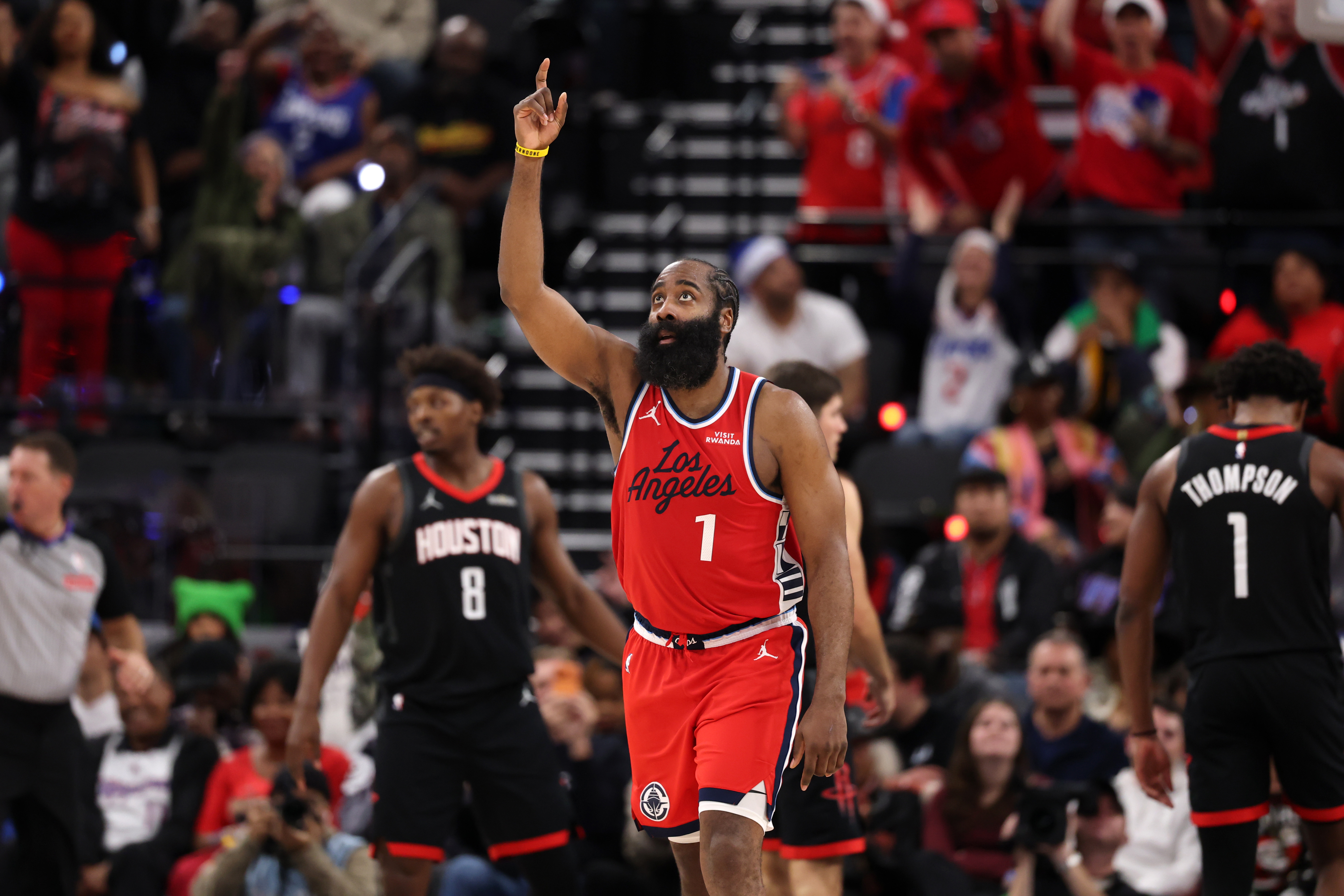 Los Angeles Clippers guard James Harden (1), seen here reacting to a play, leads my Clippers vs. Trail Blazers player props.