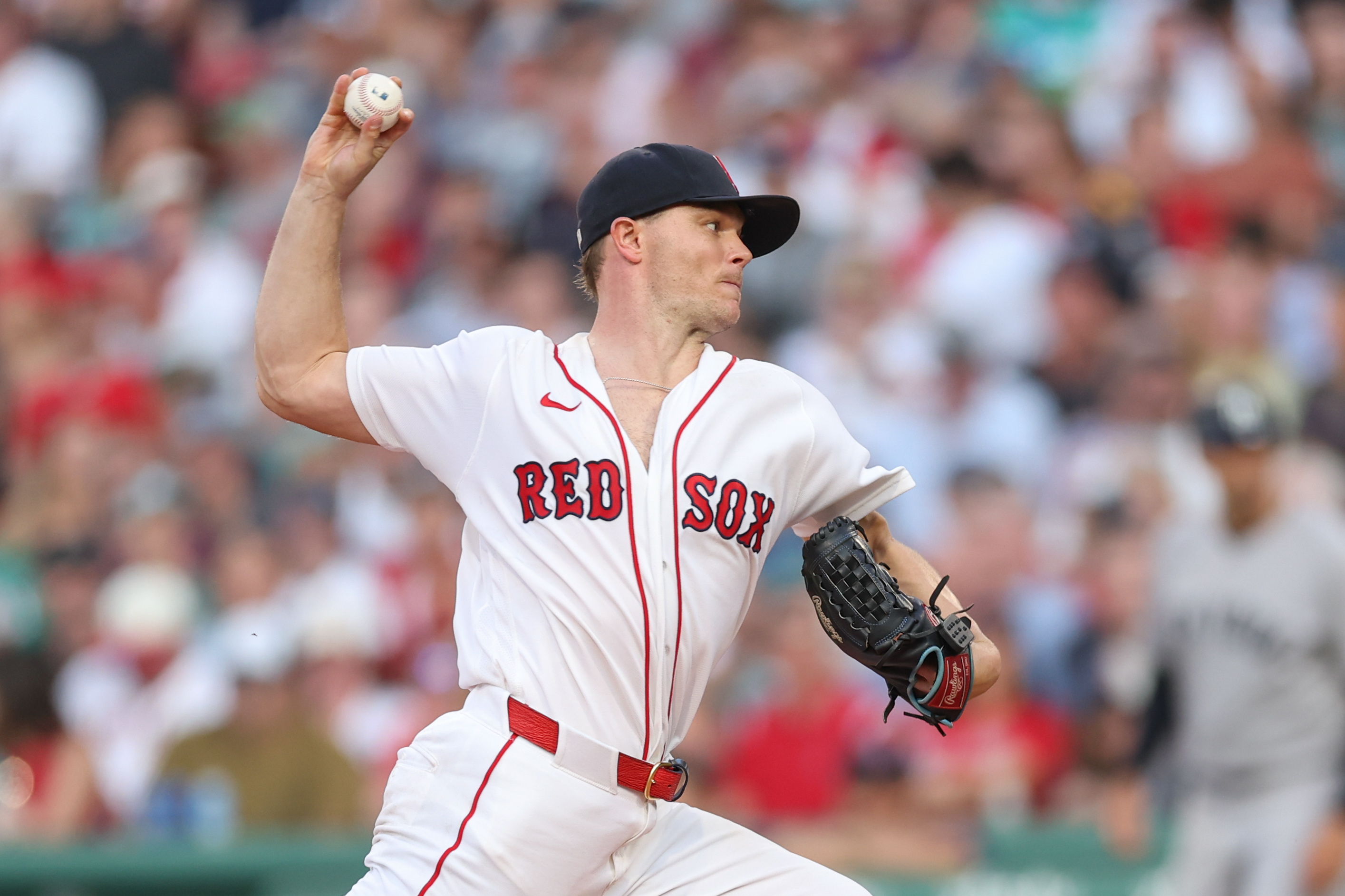 Boston Red Sox starting pitcher Sonny Gray (54) delivers a pitch as he is featured in our Red Sox vs. Mets win probability.