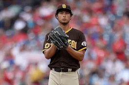 Yu Darvish of the San Diego Padres looks on against the Philadelphia Phillies at Citizens Bank Park as we look at our Padres-Braves predictions.