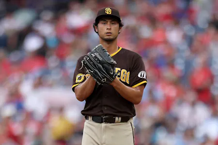 Yu Darvish of the San Diego Padres looks on against the Philadelphia Phillies at Citizens Bank Park as we look at our Padres-Braves predictions.