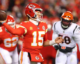 Patrick Mahomes #15 of the Kansas City Chiefs throws a pass against the Cincinnati Bengals as we make our 2025 Super Bowl predictions for next year's Big Game in New Orleans ahead of the 2024 NFL season.