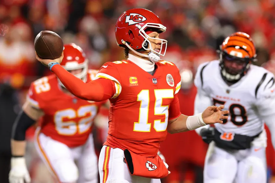 Patrick Mahomes #15 of the Kansas City Chiefs throws a pass against the Cincinnati Bengals as we make our 2025 Super Bowl predictions for next year's Big Game in New Orleans ahead of the 2024 NFL season.