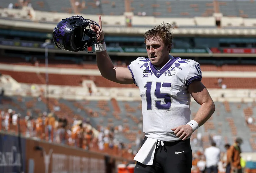 Max Duggan of the TCU Horned Frogs celebrates as he heads to the locker room after defeating the Texas Longhorns in Darrell K Royal-Texas Memorial Stadium in Austin, Texas.  Photo by Tim Warner/ Getty Images via AFP.