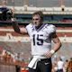 Max Duggan of the TCU Horned Frogs celebrates as he heads to the locker room after defeating the Texas Longhorns in Darrell K Royal-Texas Memorial Stadium in Austin, Texas.  Photo by Tim Warner/ Getty Images via AFP.
